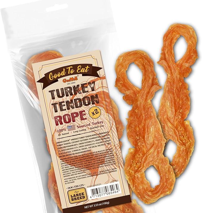 Gootoe Turkey Tendon Dog Treats, Rope (L) 3.53 oz, USA-Sourced Turkey Tendon, Natural Snack, Premium Puppy Chews, Hypoallergenic, Reseal Value Bags, Size for Large Dogs