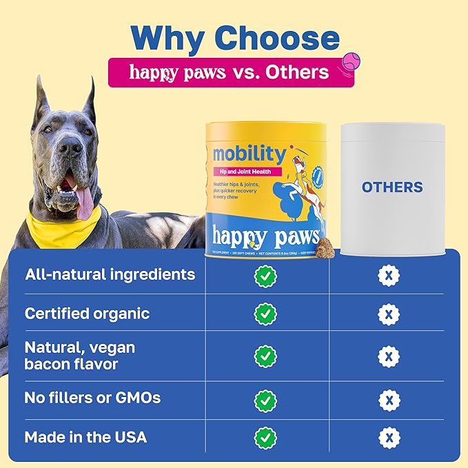 Happy Paws Mobility Hip & Joint Health Support for Dogs, Soft Chews with Glucosamine, Chondroitin, Msm, Green Lipped Mussel, Turmeric & Hyaluronic Acid, Organic, Vegan, Bacon Flavor, 200 Count