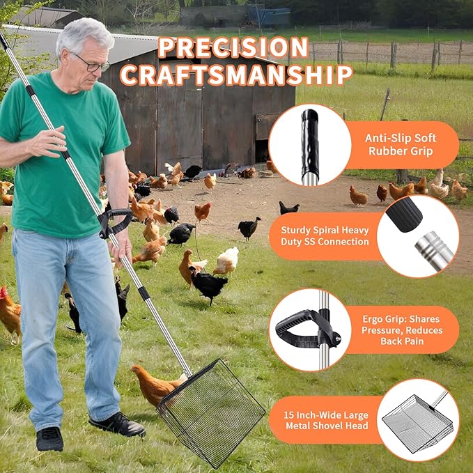 Large Chicken Poop Scooper, Metal Coop Scoop with 32" to 67" Adjustable Long Stainless Steel Handle, Chicken Poop Scooper for Sand with Heavy Duty Sifting Shovel for Chicken/ Horse/ Pet Coops (15 IN)