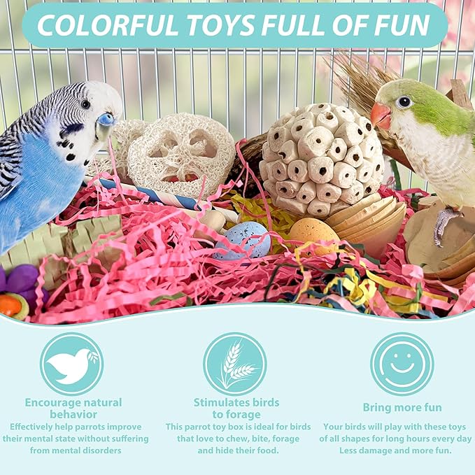 Large Bird Foraging Toy - Natural Shreddable Chew Toys Box for Conures, Cockatiels, Lovebirds & Budgies | Enrichment Activity with Colorful Textures (for Small-Medium Birds)