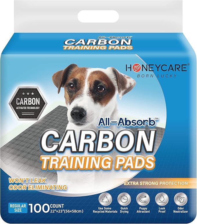 HONEY CARE All-Absorb Puppy Training Pads | Doggie Potty Pads Absorb Eliminating Urine Odor, Ultra Charcoal Dog Pee Pad (Carbon, L 22x23 inch, 100ct)