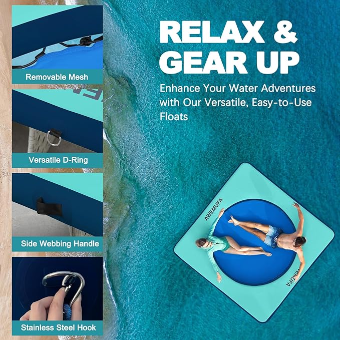 Inflatable Dock Floating Platform with Mesh, Heavy Duty Water Hammock Floats Floating Ring, Tanning Pool Hammock Inflatable Raft Mat Lake Floats for Adults Ocean