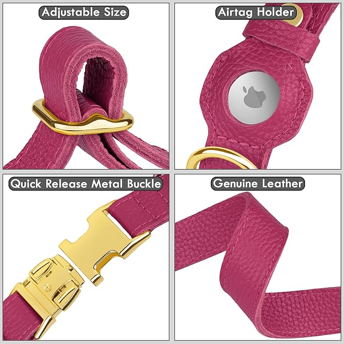 Leather Airtag Dog Collar - Soft Tracking Dog Collar with Apple AirTag Holder and Metal Buckle - Safety GPS Pet Collars for Small Medium Large Dogs Puppy Pink Red (Pink, M, 14"-18" Neck Fit)
