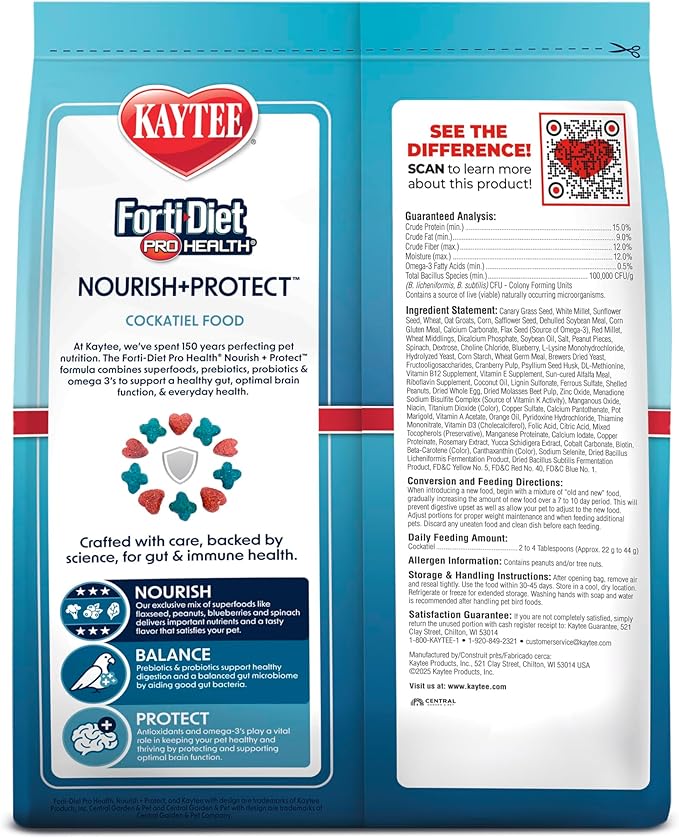 Kaytee Forti-Diet Pro Health Nourish+Protect Cockatiel Food, Comprehensive Nutrition Backed by Science, Digestive Health, Immune Support, 5 pounds