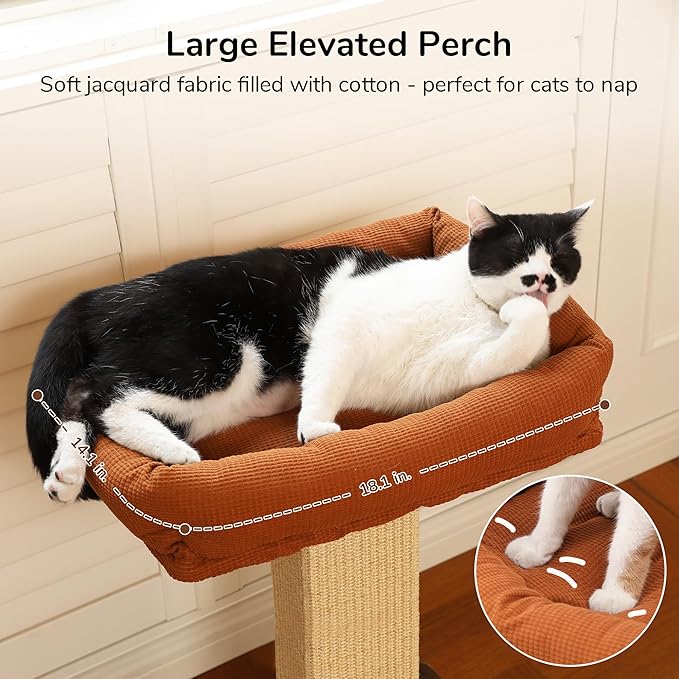 FUKUMARU Cat Scratching Post, Retro-Style Tall Scratch Posts with Perch for Infoor Cats Adults, Large Cat Scratcher Tower with Bed, Natural Sisal & Solid Wood