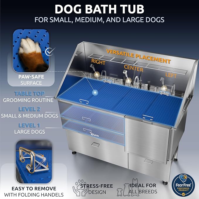 KANIS Professional Dog Washing Station - 304 Stainless Steel Pet Wash Sink & Grooming Bath Tub for Home with Ramp, Shower, Floor Grate, Storage Drawers, and Faucet for Large, Medium & Small Pets