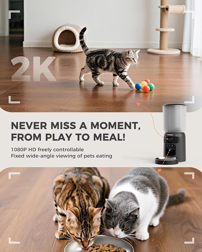 AI Cat Feeder with Dual Cameras (1 Adjustable), 2K HD Night Vision, 5G/2.4G WiFi, 6L Automatic Pet Feeder with APP Control, Laser Interactive Toy, Two-Way Audio & Scheduled Feeding