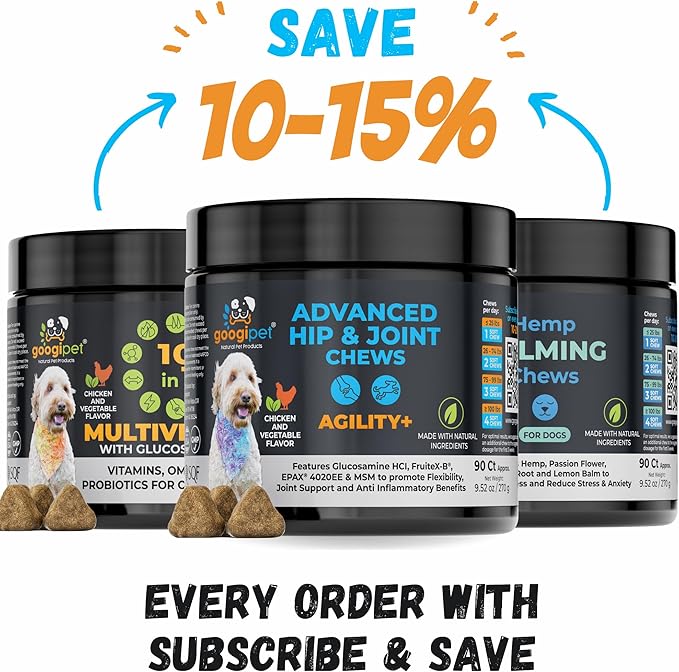 Googipet Hip and Joint Supplement for Dogs - Glucosamine for Dogs – Soft Chews w/Green Lipped Mussels, Turmeric, & Collagen for Arthritis & Mobility for All Ages & Breeds