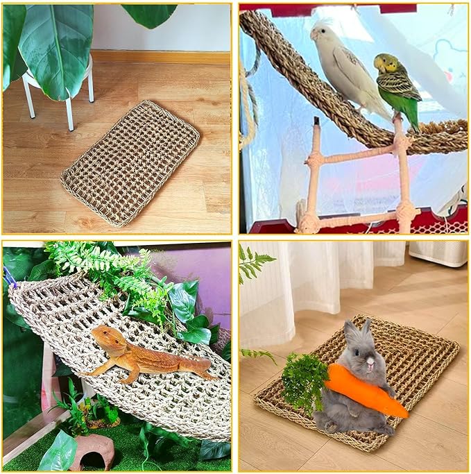 Large Bird Seagrass Mat 24 × 14 ''Natural Seagrass Woven Bird Net Hammock Climbing Rope Ladder with Hooks Chew Toy for Parrot Guinea Pig Lovebird Cockatiel Pigeon