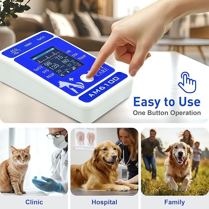 Handheld Veterinary Pulse Oximeter,Rechargeable Dog Blood Pressure Monitor, 6 Parameters Animal Patient Mnitoring Equipment with 2.4" Display and Bluetooth for Pets Cat Home Clinic Use