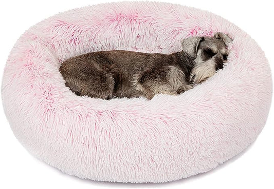 Friends Forever Donut Dog Bed Faux Fur Fluffy Calming Sofa For Medium Dogs, Soft & Plush Anti Anxiety Pet Couch For Dogs, Machine Washable Coco Pet Bed with Non-Slip Bottom, 30"x30"x7" Pink