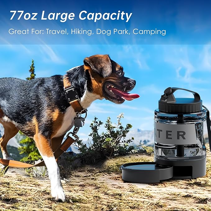 77oz Portable Dog Water Bottle, Camping Essentials, Large Travel Bottle with Pull-Out Drinking Bowl, Portable Beach Accessories, Car Water Container for Dogs, BPA Free - Black