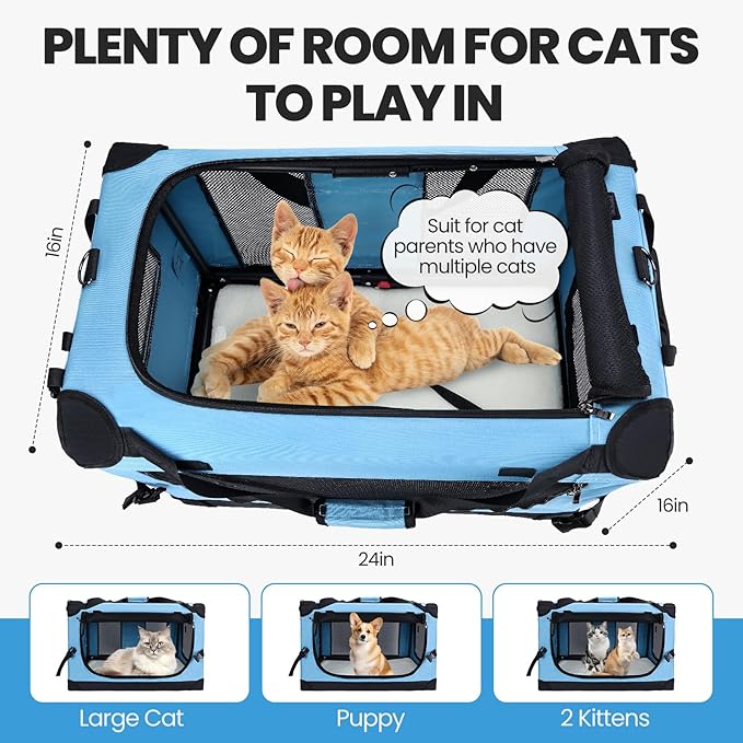 Large Cat Carrier for Car Travel, Soft Sided Collapsible Pet Carrier for Outdoor and Indoor Uses, Roomy Extra Large Cat Carrier for 2 Kittens or Puppies Up to 50lbs (Teal)