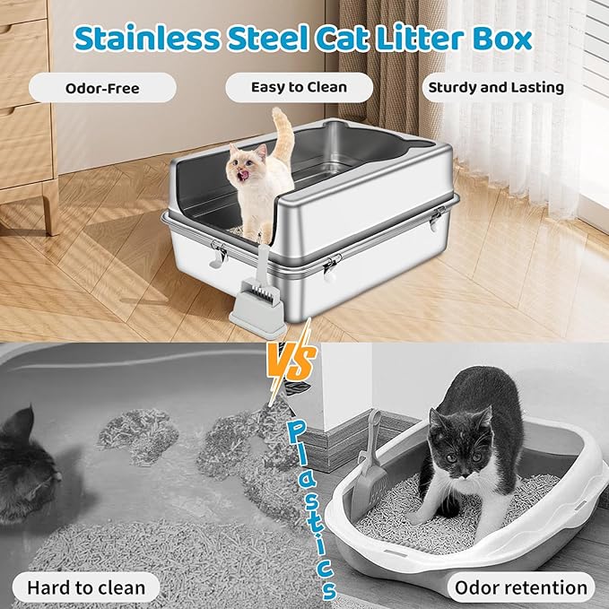 Extra Large Stainless Steel Cat Litter Box, 28" L x 19.7" W x 12" H XXXL Semi Enclosed Removable Metal Litter Tray with High Sided Enclosure, Scoop, Anti-Leakage, Non-Sticky, Easy Cleaning