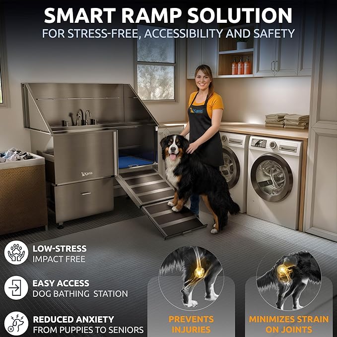 KANIS Professional Dog Washing Station - 304 Stainless Steel Pet Wash Sink & Grooming Bath Tub for Home with Ramp, Shower, Floor Grate, Storage Drawer, Faucet, Drain Kit for Large, Medium & Small Pets