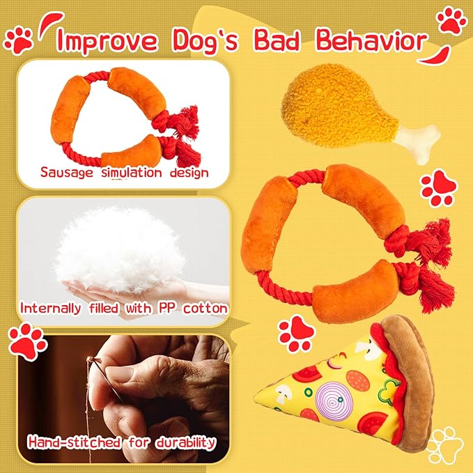 Squeaky Toys for Dogs – Fun Interactive Food-Themed Set，Pizza，Drumstick，and Sausage Rope，Durable Tug Toy and Chew Toy，Ideal for Small & Medium Dogs and Strong Chewer