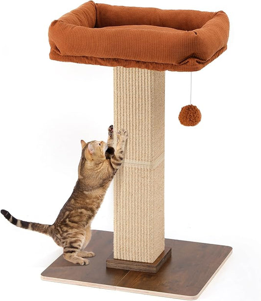 FUKUMARU Cat Scratching Post, Retro-Style Tall Scratch Posts with Perch for Infoor Cats Adults, Large Cat Scratcher Tower with Bed, Natural Sisal & Solid Wood