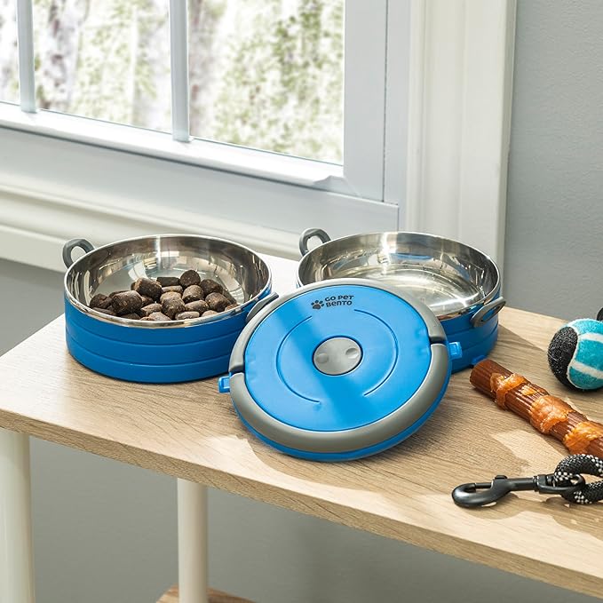 Healthy Human Travel Pet Bento Bowls - Human-Grade Stainless Steel & BPA-Free, Leak-Proof Water & Food Container Set for Dogs & Cats, 3-Pack Interlocking Bowls, Includes Spare Clips & Handle (Blue)