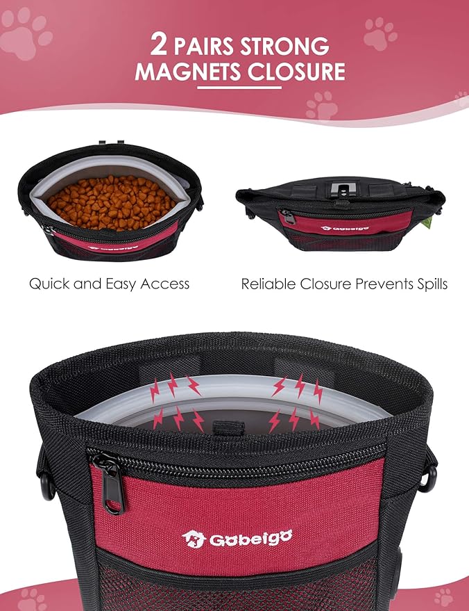 Gobeigo Dog Treat Pouch with Silicone Snack Bag, Front Pocket fits All Phones, 4 Cup Treat Bag with Training Clicker, Upgrade Stronger Magnetic Closure, 3 Ways to Wear Walking Fanny Pack (Red)