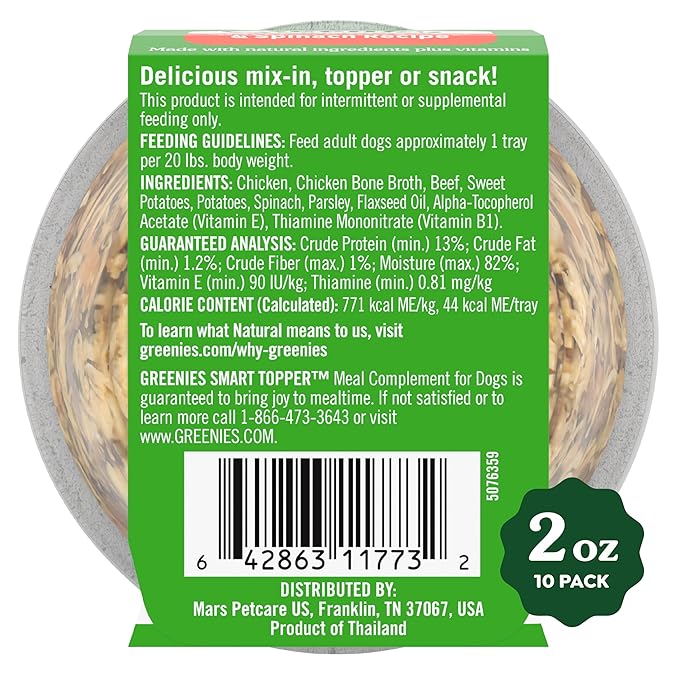 Greenies Smart Topper High Protein Wet Mix-in for Dogs, Chicken, Beef, Sweet Potatoes, Potatoes & Spinach Recipe in Vitabroth Broth- Bone Broth + Vitamins E & B1, 10 Count