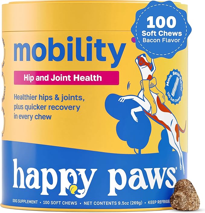 Happy Paws Mobility Hip & Joint Health Support for Dogs, Soft Chews with Glucosamine, Chondroitin, Msm, Green Lipped Mussel, Turmeric & Hyaluronic Acid, Organic, Bacon Flavor, 100 Count