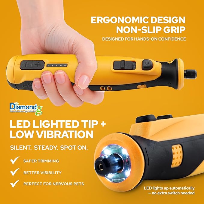 Diamondg Cordless Dog Nail Grinder with Quiet Sound & LED Tip for Large & Small Dogs, 4hrs. Runtime - Electric Dog Nail Trimmer, Heavy Duty Rotary Tool Alternative to Toenail Clippers & Filers