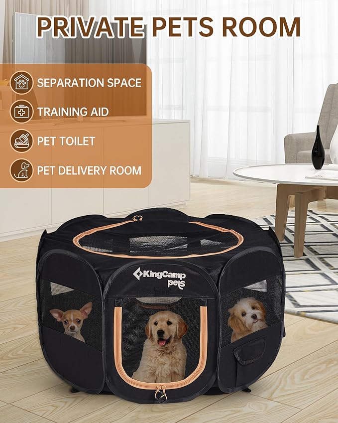 KingCamp Dog Playpen, Portable Foldable Cat Kitten Puppy Tent Crates 29"/36"/50" Pop Up Pet Playpen with Zippered Bottom & Cover for Indoor Outdoor Use (X-Large, Jet Black)