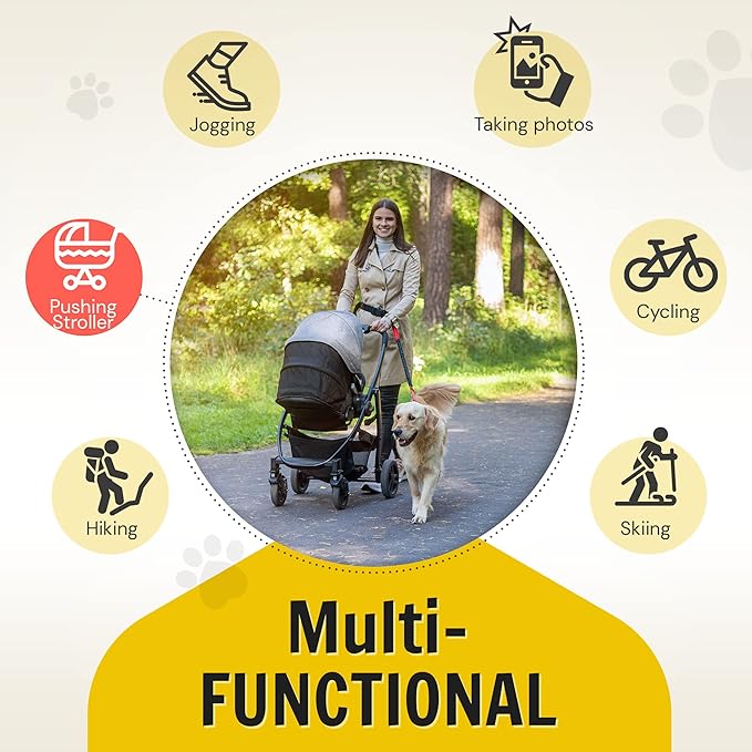 Hundefreund Hands Free Dog Leash for Medium and Large Dogs (30-150lbs) - Dual Handle Waist Leash for Running, Walking and Hiking with Adjustable Zipper Waist Belt and Reflective Elastic Bungee (Red)