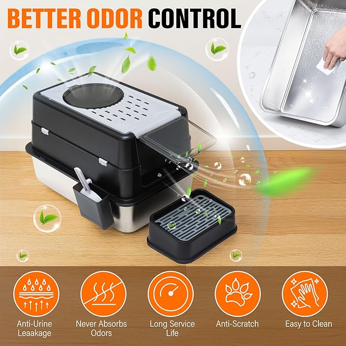 Stainless Steel Litter Box, XL Top Entry Cat Litter Box with Flip Lid, High Side Large Top Front Dual Exit Enclosed Cat Litter Pan Tray with Litter Scoop and Foot Pedal, Easy Cleaning, Anti-Leakage