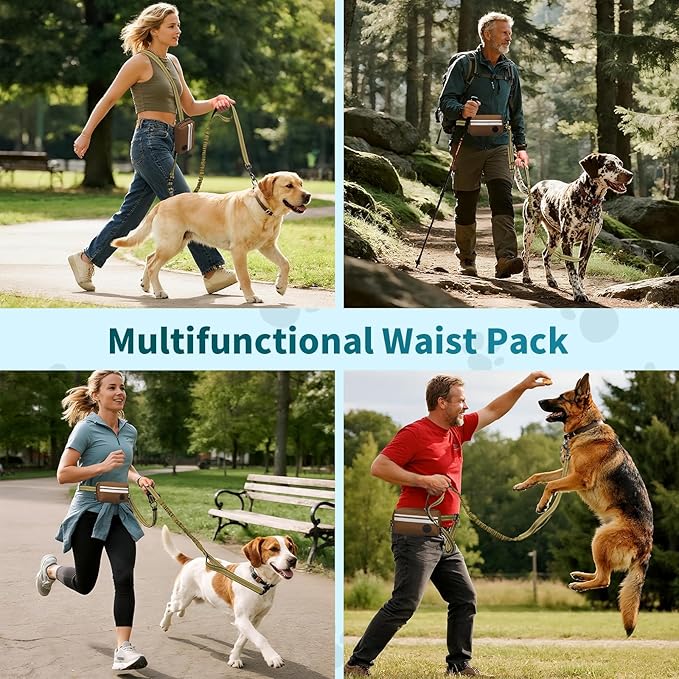 Hands Free Dog Leash with Removable Zipper Pouch, Dual Padded Handles and Durable Bungee for Walking, Jogging and Running-Brown