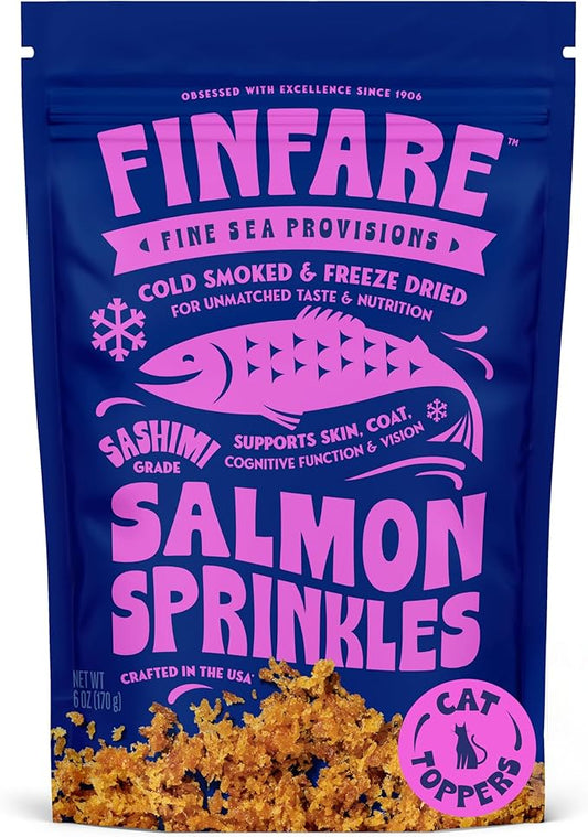 Finfare Freeze Dried Salmon Sprinkles, Grain Free Salmon Meal Topper to Support Taste & Nutrition, High Protein & Omega-3s, Crafted in USA, 6oz