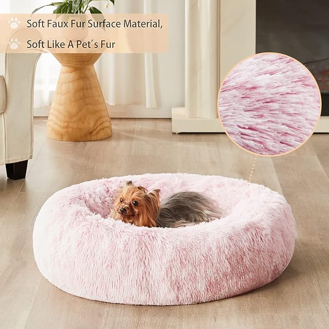 WNPETHOME Calming Dog Bed & Cat Bed Donut, Faux Fur Self-Warming Donut Cuddler, Comfortable Round Plush Pet Beds (27 x 27 x 8 Inch, Light Pink)