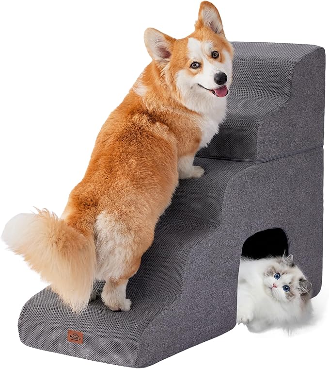 Gray Curved Dog Stairs Ramp for High Beds 28.7" H, 5-Step Dog Steps for Small Dogs and Cats, Pet Stairs for High Bed Climbing, Non-Slip Balanced Pet Step