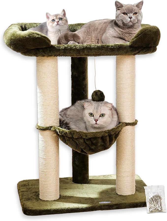 Happi N Pets 28" Large Cat Tree Tower for Indoor Cats, Cat Scratch Post with Large Bed for Maine Coon Big Cats, Sisal Cat Scratcher with Soft Perch & Hammock, Stable Cat Stand, Removable Cover-Green