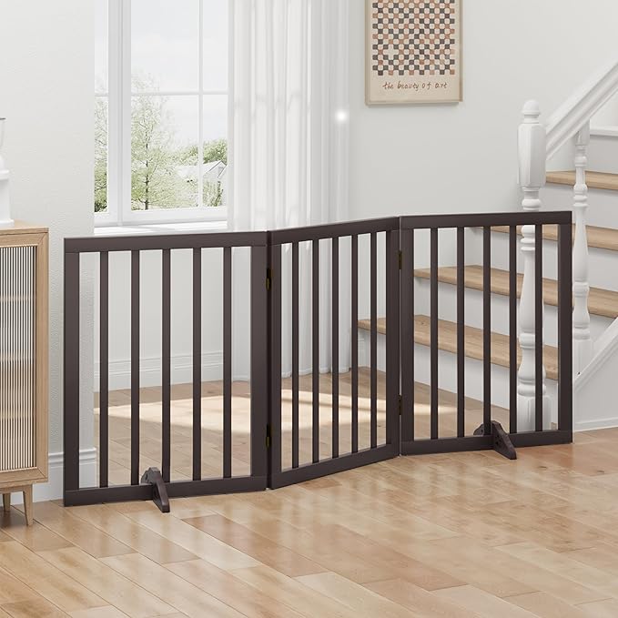 Freestanding Foldable Dog Gate - Indoor Pet Gate with Metal Support Feet, Room Divider 3 Panels (Brown)