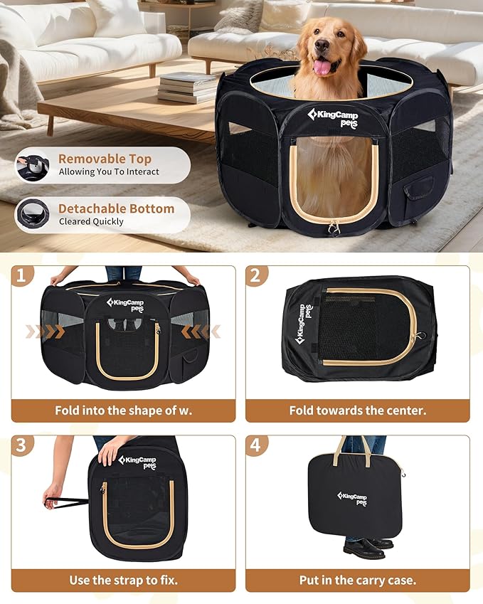 KingCamp Dog Playpen, Portable Foldable Cat Kitten Puppy Tent Crates 29"/36"/50" Pop Up Pet Playpen with Zippered Bottom & Cover for Indoor Outdoor Use (Medium, Black)