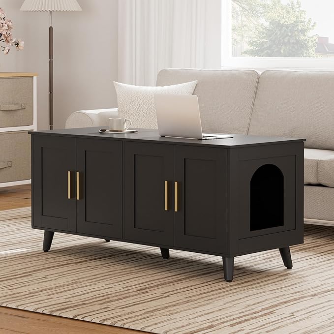 Homhedy Cat Litter Box Enclosure for 2 Cats, Wooden Cat Washroom Furniture with Double Doors, Stylish Pet House to Hide Litter Box, Save Space, Black