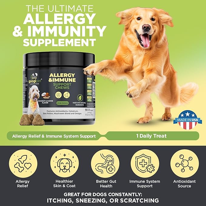 Googipet Dog Allergy Chews, Seasonal Dog Allergy Relief & Itchy Skin Relief, Skin & Coat Supplement +Bee Pollen, Colostrum, Coconut Oil, Probiotics, & Omega 3 Fish Oil for Dogs