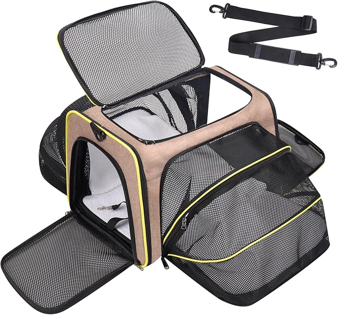 Cat Dog Carrier Bag - Expandable Soft-Sided Travel Pet Carrier with Ventilated Mesh, Fleece Pad, 18x11x11 Inch for Kitten, Rabbit, Puppy,Guinea Pig, Small Animal, Airline Approved