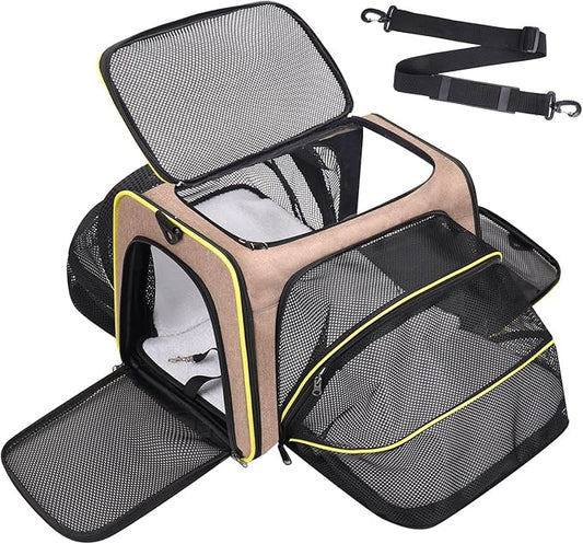Cat Dog Carrier Bag - Expandable Soft-Sided Travel Pet Carrier with Ventilated Mesh, Fleece Pad, 18x11x11 Inch for Kitten, Rabbit, Puppy,Guinea Pig, Small Animal, Airline Approved