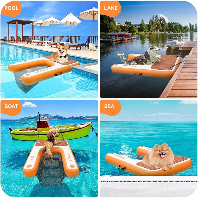 Inflatable Dog Water Ramp Pet Dock Platform Orange, Pet Water Platform for Boat Pool Lake Sea, Non-Slip Safety Floating Dock for Dogs up to 200lbs, EVA Puppy Float Ramp Dog Water Ladder