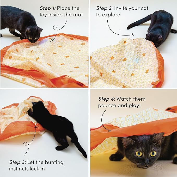 Pounce Mat Interactive Cat Toy – Indoor Hunting Game by Paw Paw | Hide & Seek Moving Ball, Motion-Activated Rolling Ball with Bunny Ears & Mouse Tail, 2-in-1 Play Mat