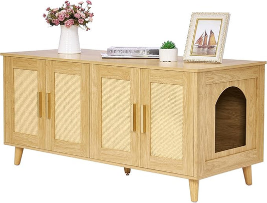 Homhedy Boho Cat Litter Box Enclosure for 2 Cats, Wooden Cat Washroom Furniture with Double Rattan Decorated Doors, Pet House,47.2”L x 19.7”W x 21.7”H, Natural