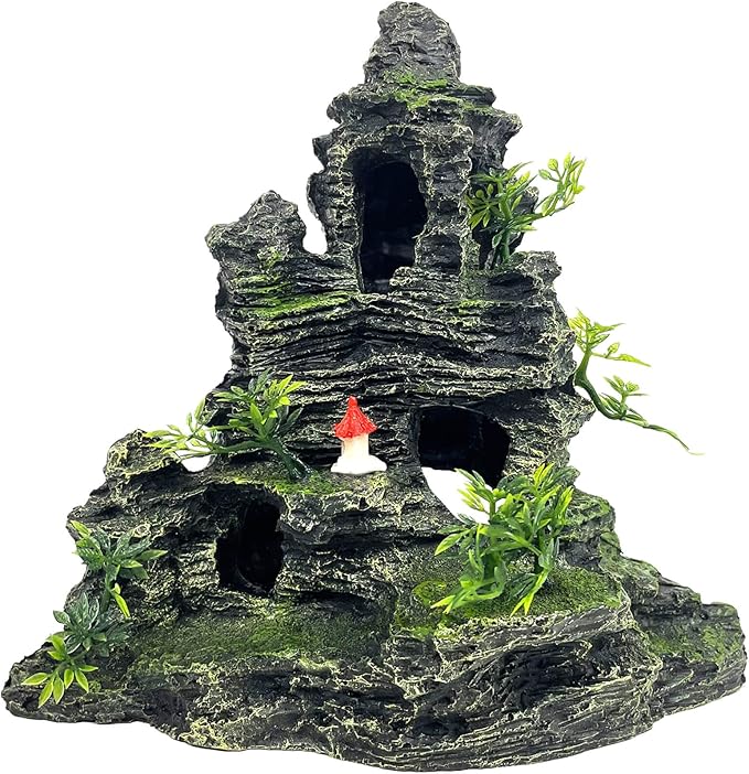 Large Aquarium Decorations Mountain View Stone Ornament Tree Rock Cave Artificial Fish Tank Ornament, Black