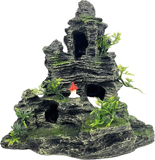 Large Aquarium Decorations Mountain View Stone Ornament Tree Rock Cave Artificial Fish Tank Ornament, Black