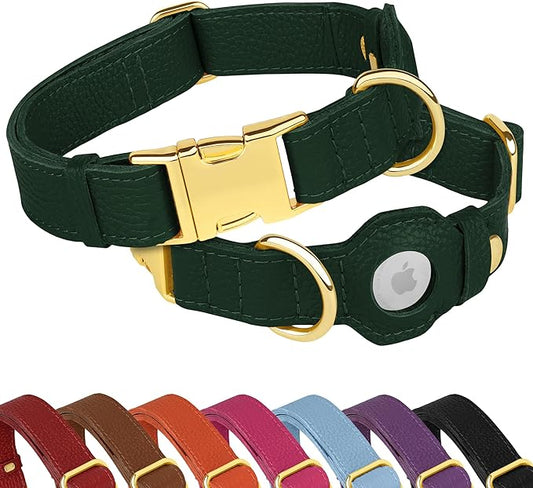 Leather Airtag Dog Collar - Soft Tracking Dog Collar with Apple AirTag Holder and Metal Buckle - Safety GPS Pet Collars for Small Medium Large Dogs Puppy Pink Red (Green, XS, 9"-12" Neck Fit)