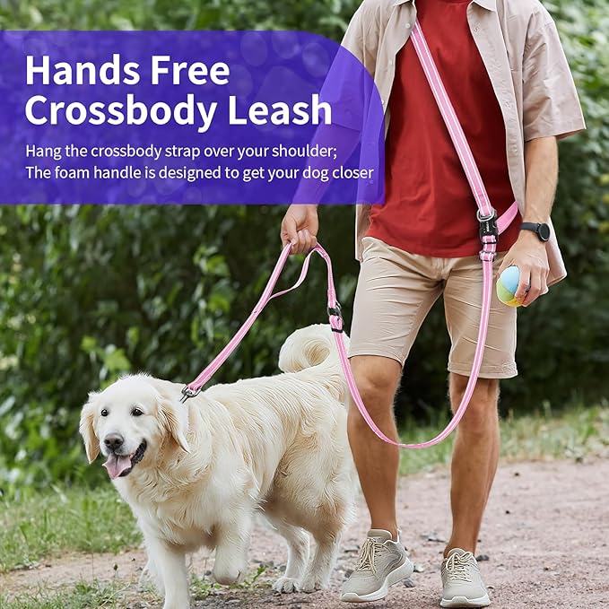 Hands-Free Dog Leash with Adjustable Length 6-9FT + Dual Padded Handles Reflective Safety for Walking, Jogging & Training | Suitable for Medium to Large Dogs & Puppies Pink-L