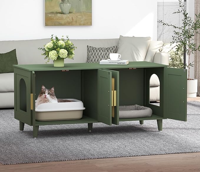 Homhedy Boho Cat Litter Box Enclosure for 2 Cats, Wooden Cat Washroom Furniture with Double Rattan Decorated Doors, Pet House,47.2”L x 19.7”W x 21.7”H, Green