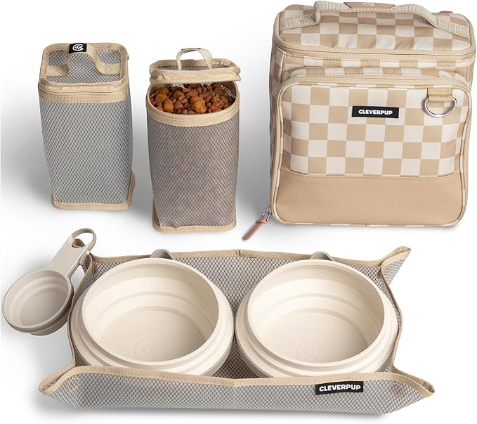 Large 7-Piece Bistro Box Dog Food Travel Kit, 12-Cup Kibble Storage, 2 Silicone Bowls, Mat & Scoop - Premium Portable Pet Food Kit for Weekends, Overnights, Daycare & Camping, Checkerboard