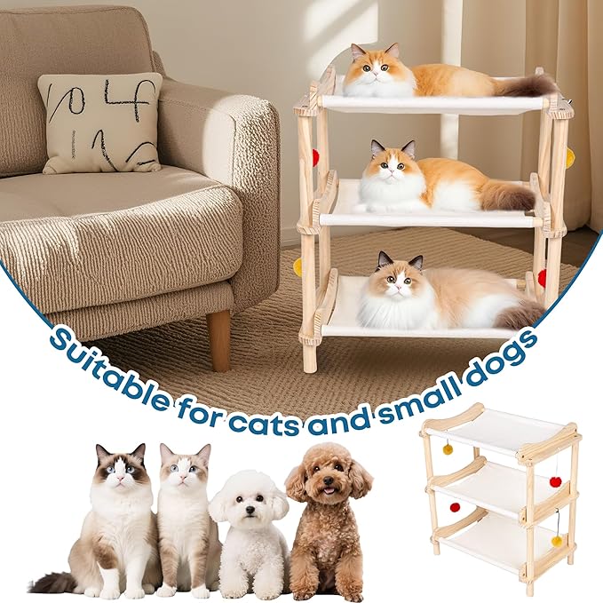 Large 3-Layer Cat Hammock Bed, 24"x15.7"x26.8" Elevated Cat Bed with Pine Wood Frame, Breathable Washable Covers, Wooden Pet Furniture for Indoor Cats and Small Animals(White, 3-Tier)